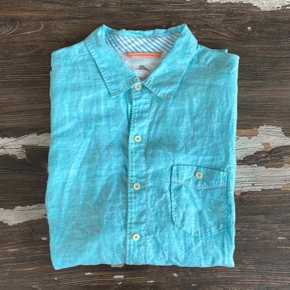 Tommy Bahama Men’s Large Light Teal Blue/Green Short Sleeve Button Down Shirt
